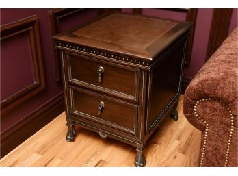 Two Drawer Side Table With Leather Top, Studded Trim And Metal Feet