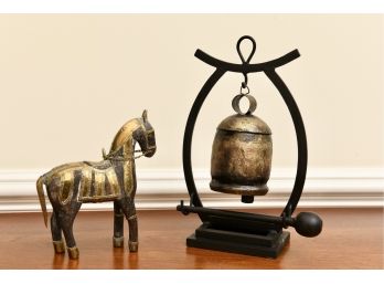 Chinese Style Wooden Horse Figurine With Brass Accents And Bell With Mallet And Stand