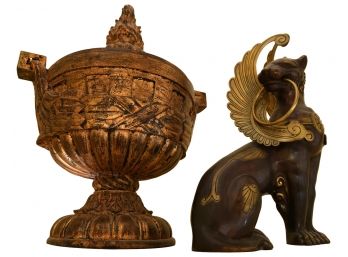 Egyptian Sphynx Cat Figurine And Decorative Urn