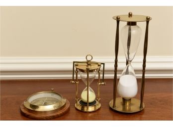 Nautical Sundial Compass And Pair Of Brass Hourglasses