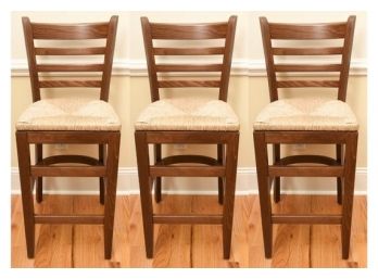 Set Of Three Counter Height Wooden Stools With Rush Seats
