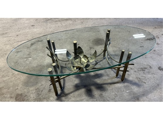 Very Unique Vintage Thick Glass & Brass Cocktail Table Hand Made