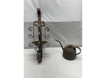 Vintage Wrought Iron Candle Holder And Metal Oil Can