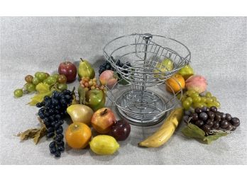 Two-tier Metal Lazy-Susan Basket With Faux Fruit