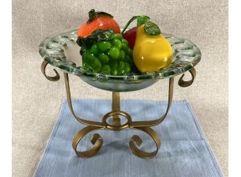 Green-tinged Glass Bowl With Metal Stand And Glass Fruit