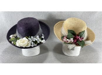 Hats - Naturel & Plum Straw With Flowers - Lizabeth's Garden