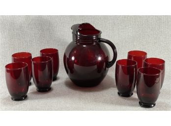 MCM Red Glass Pitcher And Drink Glasses