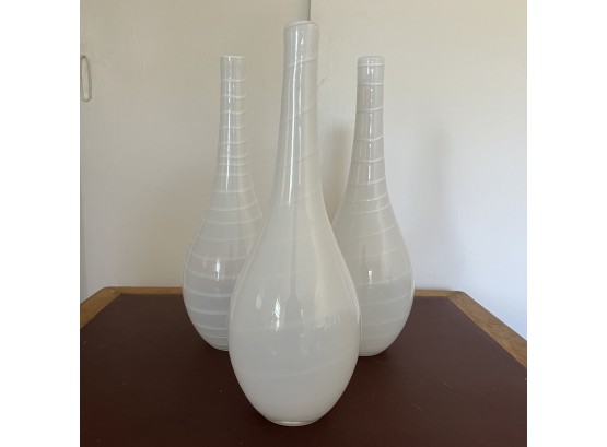 A Set Of 3 Tall White Glass Art Vases - Each A Little Different - 16'