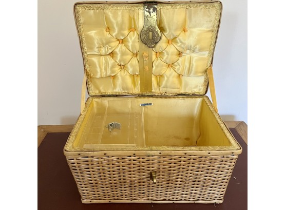 A Wicker Sewing Basket With Yellow Interior - Vintage
