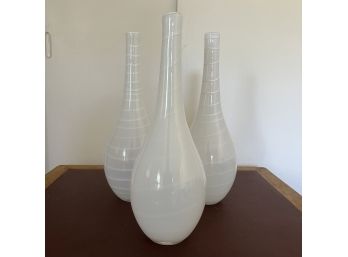 A Set Of 3 Tall White Glass Art Vases - Each A Little Different - 16'