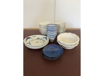A Set Of Blue And White Plates And Retro White Tulip Bowls