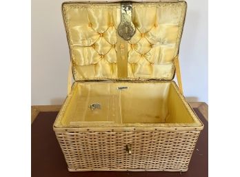 A Wicker Sewing Basket With Yellow Interior - Vintage
