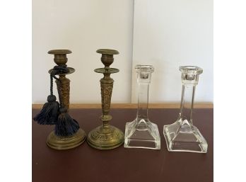 A Brass Candlesticks And Glass Candlesticks