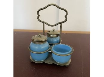 A Vintage Silver Plate And Blue Glass Cruet