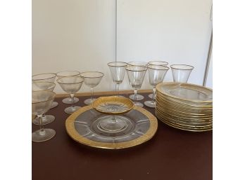 A Gold Rim Glass Ware Set - Antique - Glasses, Salad Plates, Shrimp Cocktail Platter