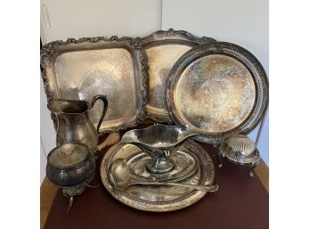 A Large Collection Of Silver Plate Table Service - Trays And More And A Sterling Candlestick
