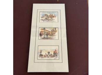 Three Small Pen And Watercolor Original Signed Painting Of Florence In One Frame