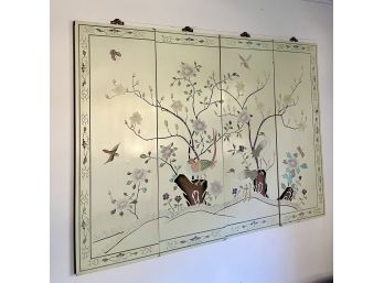 A Chinese  Lacquered Screen Wall Hanging - Magnolia - Cranes - Pheasant