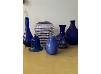 6 Piece Set Of Varied Blue Glass Vessels And A Bell