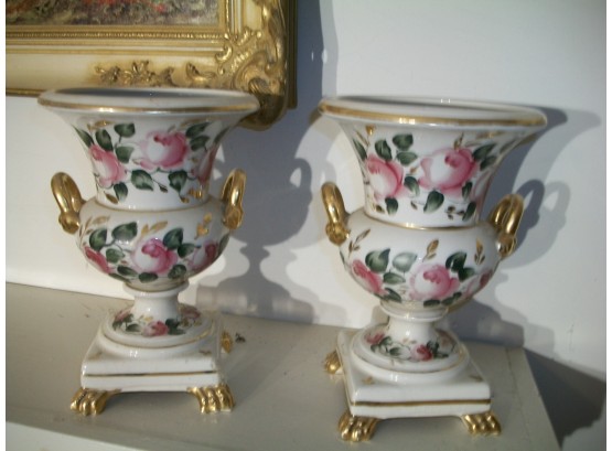 Lovely Pair Of Vintage Porcelain Floral Urn Vases W/Gold Gilt Handles
