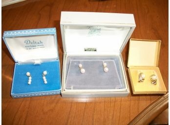 Three Piece Jewelry Lot Pearl & 14K Earrings - W/Original Boxes