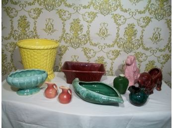 Great Vintage 10 Piece Art Pottery Lot - Vases, Dogs, Planters (Several Makers)