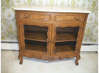 Vintage 1940's Cherry French Provincial Cabinet - Marble Top  W/Mesh Doors
