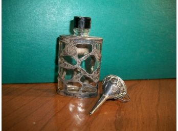 Small Vintage Perfume Bottle  W/ Overlay W/Funnel  (Mexican 925 / Sterling Silver)