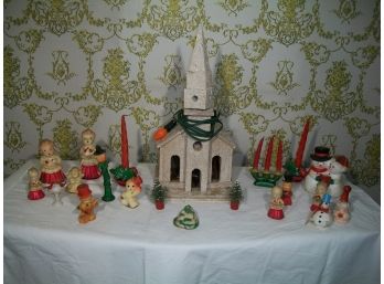 Very Cool Vintage Christmas Lot W/Wood Church & Vintage Six Figural Candles