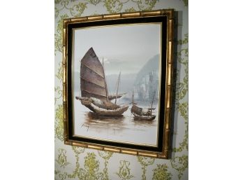 Nice Vintage Oil On Canvas - Signed P. Wong W/Faux Bamboo Frame