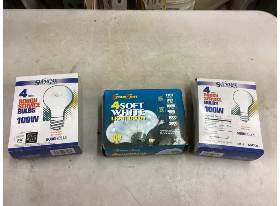 3 New Packages Of 100 Watt Conventional Rough Service Light Bulbs 12 New Bulbs