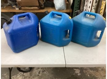 Lot Of Three 5 Gal. Kerosine Blue Cans Complete Good Condition Just Dusty