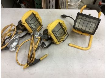 Lot Of 3 250 Watt Halogen Work Lights 2 Have Clips 1 With A Stand All Work 1 Needs A New Bulb See Pictures