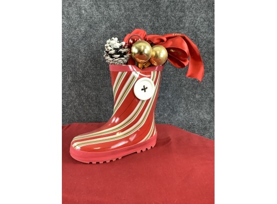 Red Striped Rubber Boot Holiday Decor