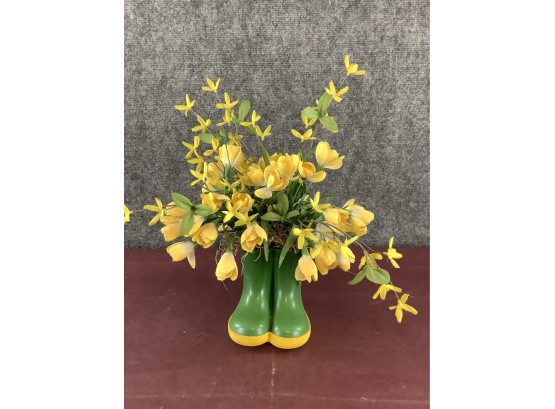 Green Rain Boots Of Yellow Faux Flowers