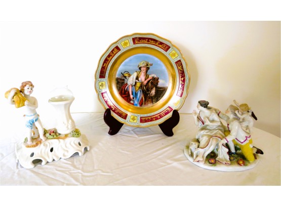 Antique Meissen Watteau Porcelain Plate And Capidimonte Figure