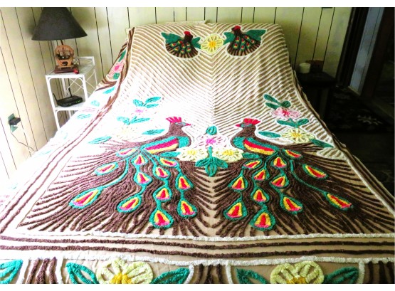 Vintage Double Peacock Chenille Bedspread