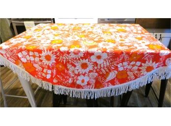 Vintage 60's Era Orange Red & White Fringed Tablecloth