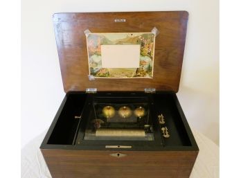 Swiss Music Box Wih Cylinder And Bells Marguetry Inlay