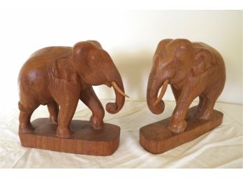 Pair Of Carved Wood Elephant Book Ends