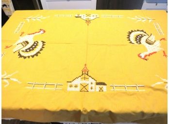 Rooster And Barn Vintage Tablecloth
