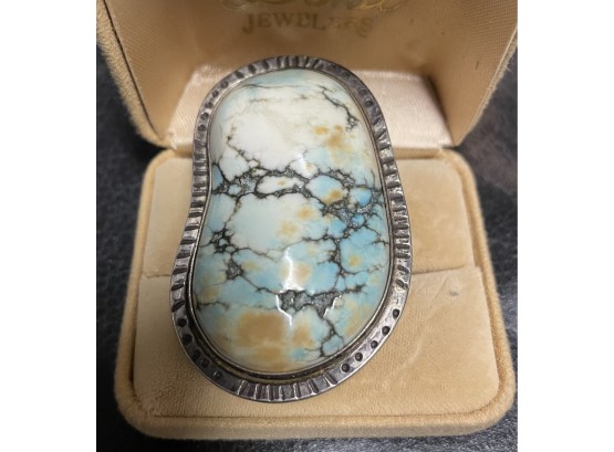 Very Large Mens Vintage Southwest Sterling Turquoise Ring . Size 9 1/2 Turquoise Spiderweb Pattern