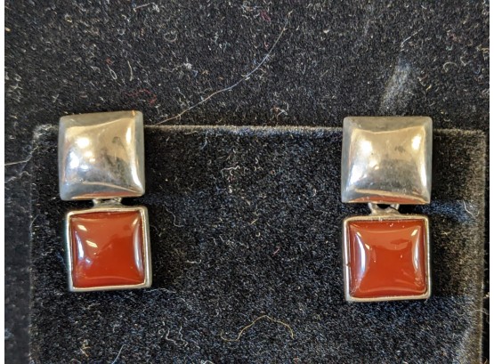 Double Square Carnelian And Sterling Silver Pierced Earrings