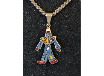 Fun Jointed Sterling Silver Clown Pendant With Stone Inlay On Silver Chain Necklace