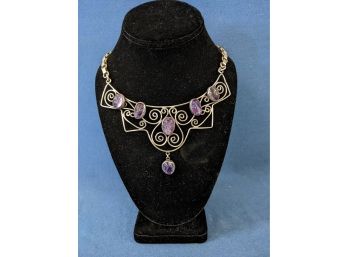 Artist Made 980 Taxco Necklace With Carved Amethyst Stones (Damaso Gallegos?)
