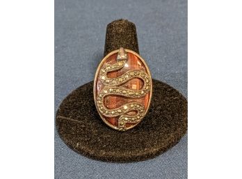 Marcasite Snake Over Striated Brown Stone Set In Sterling Silver Ring Size 10