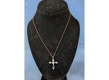 Sterling Silver And Clear Stone Chip Cross On Sterling Silver Chain