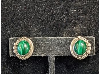 Sterling Silver And Malachite Unmarked Clip Earrings