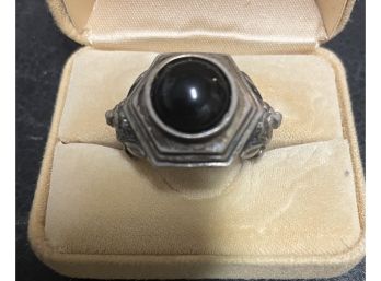 Vintage Sterling Silver And Onyx Mans Size 11 Ring . One Of A Kind . Stone On Top And Bottom Carved Silver