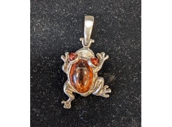 Sterling Silver And Amber Frog Pendant